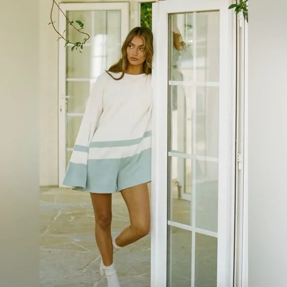 SABO Australia Knit Playsuit Romper Medium Cream Sage Striped Bell Sleeve Lounge - Picture 1 of 8